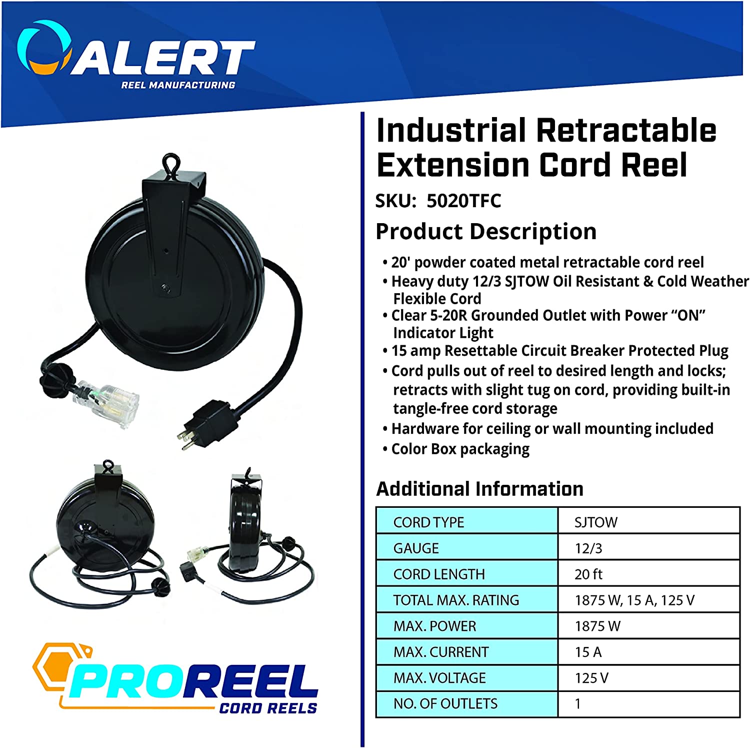 Alert Stamping 5020TFC Industrial Retractable Extension Cord Reel
