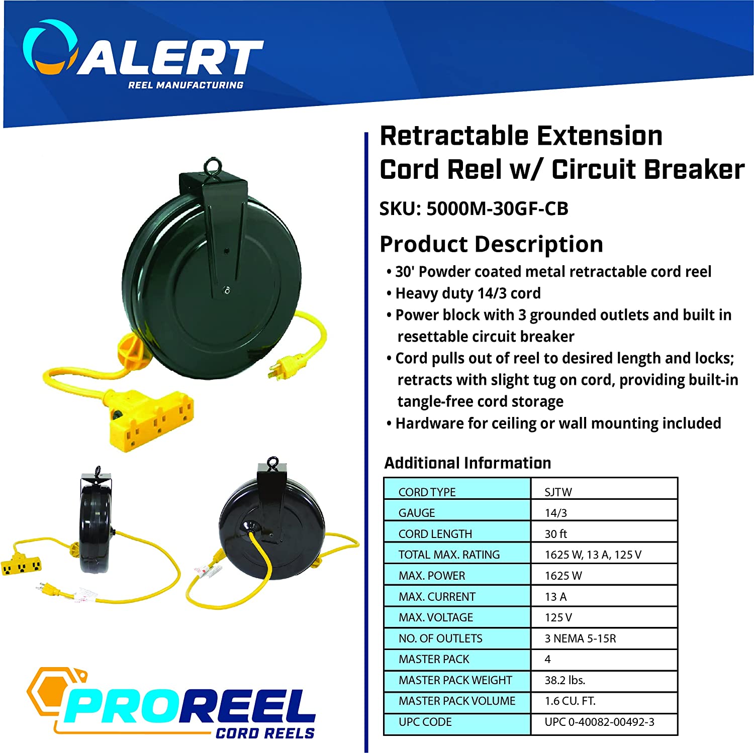 Industrial Retractable Extension Cord Reel Tri-Tap and Circuit Breaker  8140T-P