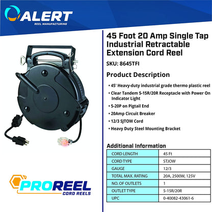 Alert Stamping Single Tap Industrial Retractable Extension Cord Reel - E.S.N Tools
