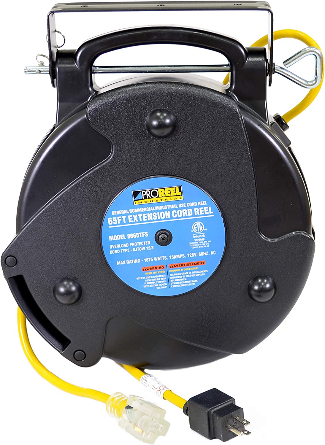 Alert Stamping 8665TFS Heavy Duty 12/3 65 Foot Single Tap Industrial Retractable  Extension Cord Reel